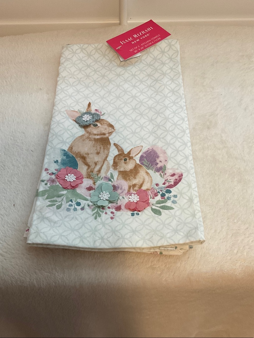 Isaac Mizrahi Pastel Bunny Floral Tea Towel